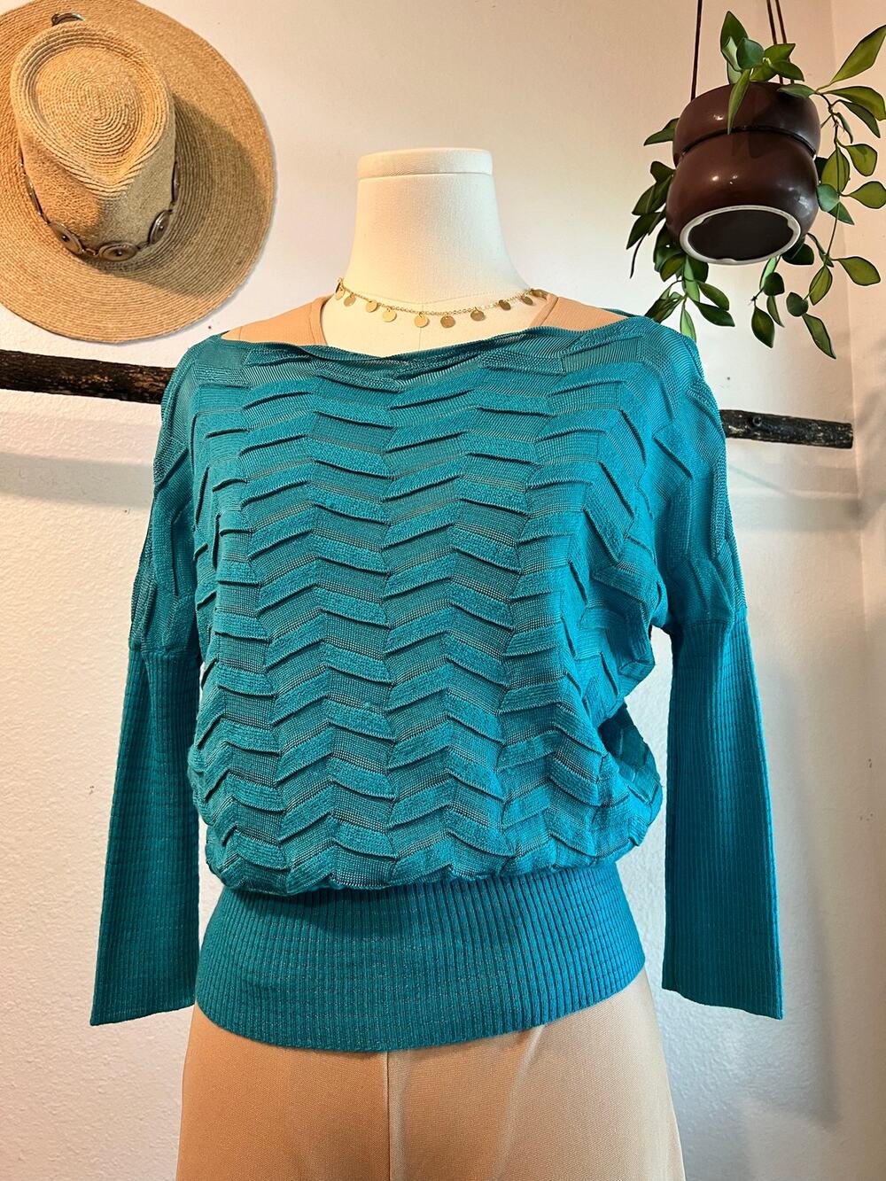 Y2K Missoni Vintage Teal Silk Knit Wide Neck Pullover Top Sweater Size Small